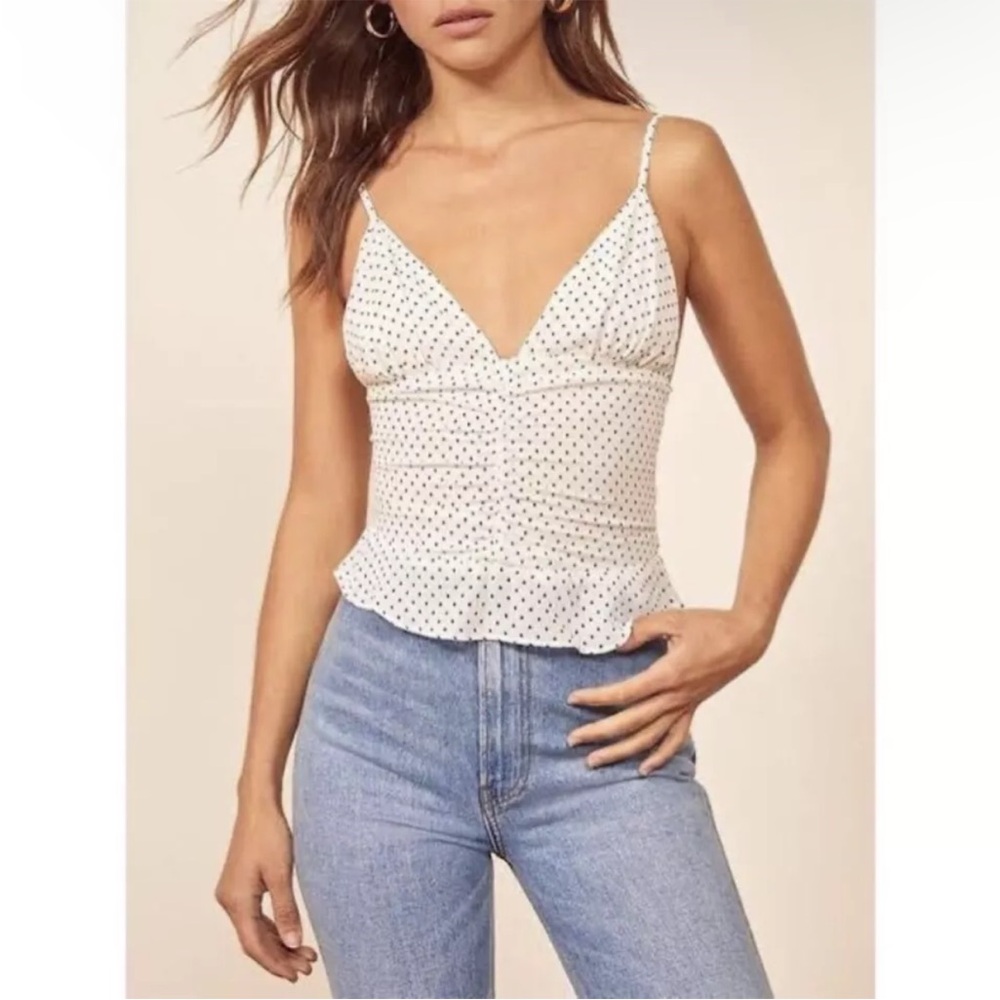 Reformation “Hall” Sleeveless Polka Dot Smocked Back Adjustable Straps Top Sz 0
